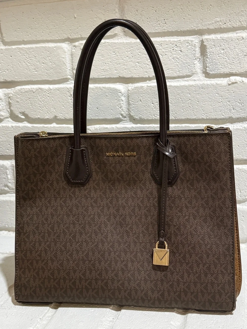 Michael Kors Brown Signature Logo Tote with Gold Hardware